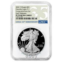 2021-w Proof $1 Type 1 American Silver Eagle Félicitations Ensemble Ngc Pf70uc Er 3
