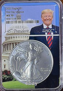 2022 $1 American Silver Eagle Trump Core Ngc Ms70 Premier Jour D'émission