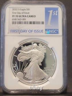 2022-s $1 American Silver Eagle Ngc Pf70uc Ide First Day Numéro's Fdoi Blue
