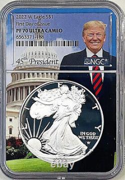2022-w American Silver Eagle Proof $1 Ngc Pf70 Premier Jour D'émission Trump