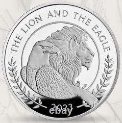 2023 Royaume-Uni £5 2oz LION AND EAGLE PF70 FDOI MERCANTI CONÇU & SIGNÉ