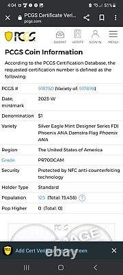 2023 W Silver Eagle Pcgs Pr70 Fdoi Phoenix Ana Show Damstra Signé Étiquette Pop 125