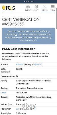 Aigle d'argent américain 2022-S - PCGS- PR70 DCAM- Sortie avancée- Emily Damstra
