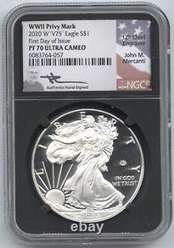 Épreuve en argent 2020-W Silver Eagle avec poinçon de la Seconde Guerre mondiale NGC PF70 Signature de Mercanti Premier jour G371