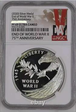 Fin de la Seconde Guerre mondiale 2020, 75e anniversaire de la Seconde Guerre mondiale Médaille en argent d'1 once Aigle NGC PF69