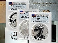 L'eagle Silver 2006? 20ème Anniversaire 3 Coin Set? Pcgs Pr70 Avec Ogp & Coa