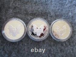 Lot(3) 2007/2010/2012 US Mint W American Eagle One Oz 99.9% Silver Proof Coins <br/>		<br/>	En français: Lot(3) de pièces de monnaie de preuve en argent pur à 99,9% American Eagle d'une once de la Monnaie des États-Unis pour les années 2007, 2010 et 2012