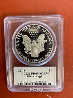 Lot (4) 1986-1989 S Preuve Silver American Eagle Pcgs Pr69dcam Mercanti Signé