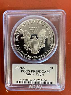 Lot (4) 1986-1989 S Preuve Silver American Eagle Pcgs Pr69dcam Mercanti Signé
