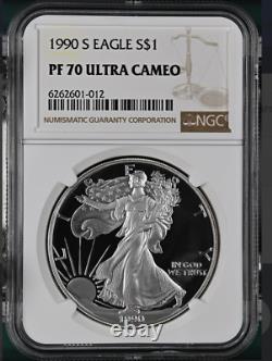 Pf70 Ucam 1990-s American Silver Eagle Brown Label Ngc Spot Free White