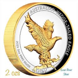 Pièce d'argent de 2 onces 2023 Wedge Tailed Eagle à relief élevé et doré