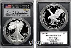 Précommande: Édition spéciale 2023 W $1 Épreuve d'aigle en argent certifiée PCGS PR70, première frappe, avec étiquette signée par Emily Damstra