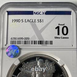 Preuve de l'aigle d'argent américain de 1990-S 10 Ultra Cameo NGC X Rare à la vue blanche