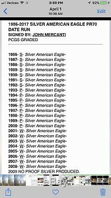 Silver Eagles Date / Run Signé Par Mercanti, Pf70dcam, 1986-2020 Et 1995w